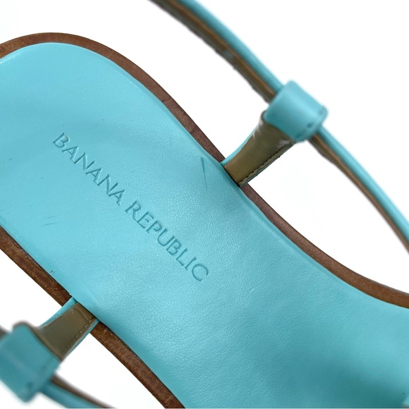 Banana Republic Mariah T-strap Sandal Flat Blue Leather Gold Chain Womens 8 - Picture 12 of 15